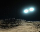 Ilustración artística en la que se muestran dos estrellas de neutrones y un planeta.