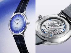 La esfera del Credor GCBY991 Goldfeather (izquierda) y el calibre 6890 de cuerda manual (derecha), fotografiados sobre un fondo blanco azulado. (Fuente de la imagen: Credor - editado)