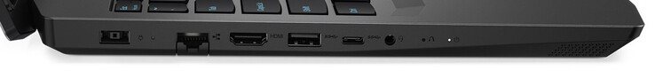 Lado izquierdo: fuente de alimentación, Gigabit Ethernet, HDMI, 2x USB 3.2 Gen 1 (1x Tipo-A, 1x Tipo-C), audio combo