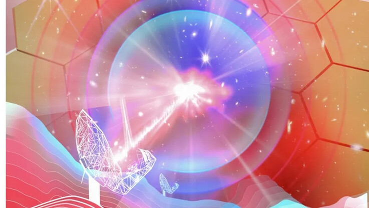 Una ilustración artística que muestra el radiotelescopio MeerKAT detectando una FRB.