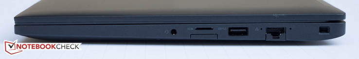 derecha: clavija audio combinado 3.5 mm, MicroSDXC, bandeja tarjeta SIM, USB3.0, RJ45, ranura de bloqueo Nobel Wedge