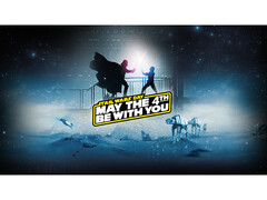 Imagen promocional de las Rebajas del Día de Star Wars de Steam en la que aparecen Darth Vade y Luke Skywalker enzarzados en una batalla de sables láser con un texto promocional en la parte superior. (Fuente de la imagen: Steam)