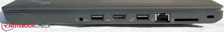 Lado izquierdo: conector combinado de auriculares / micrófono, USB 3.0 tipo A, salida HDMI, USB 3.0 tipo A (PowerShare), Ethernet, lector de tarjetas SD