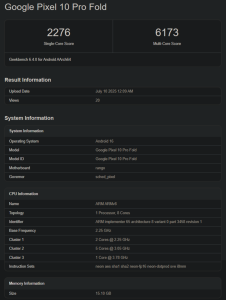 Puntuación en Geekbench del Tensor G5 (fuente de la imagen: Geekbench)