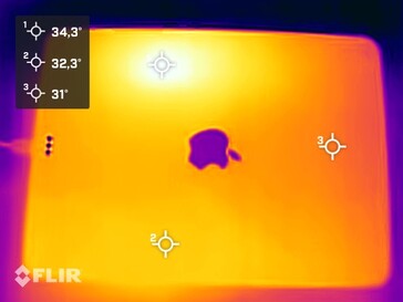 Mapa de calor infrarrojo con un único punto caliente justo encima del chip M1 (parte trasera)