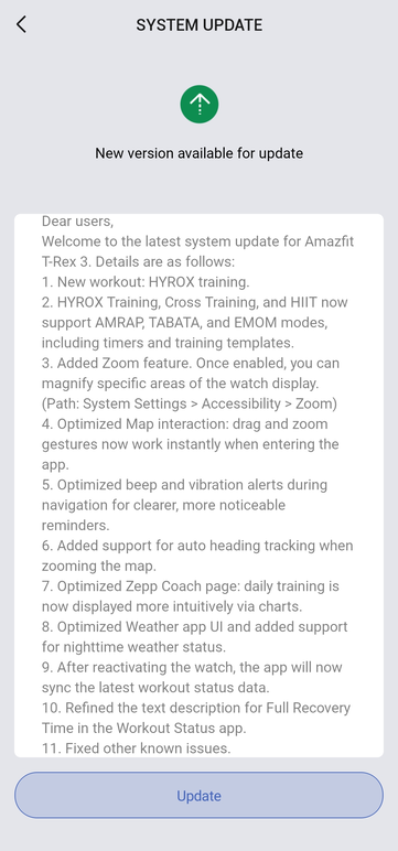 Las notas de la versión 3.9.4.4 para el smartwatch T-Rex 3. (Fuente de la imagen: Amandeepxreal vía Reddit)