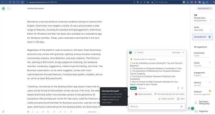 Editor Grammarly basado en web con funciones de IA Generativa en acción (Fuente: Propia)