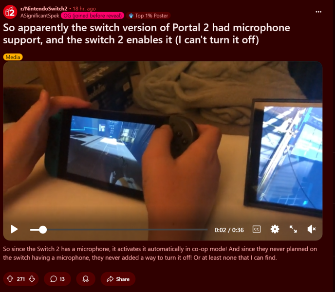 Portal 2 Switch 2 siempre en el micrófono demostrado (fuente de la imagen: captura de pantalla, Nintendo Switch 2 subreddit)