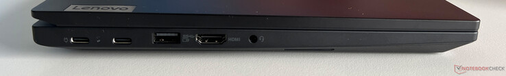 Izquierda: USB-C 3.2 Gen 1 (5 Gbps, DisplayPort ALT Mode 1.4, Power Delivery), USB-C 3.2 Gen 2 (10 Gbps, DisplayPort ALT Mode 1.4, Power Delivery), USB-A 3.2 Gen.1 (5 Gbps, con alimentación), HDMI 1.4b, audio de 3,5 mm