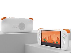 Dispositivo portátil Mangmi AIR X en blanco y naranja con pantalla y altavoz trasero. (Fuente de la imagen: Mangmi)