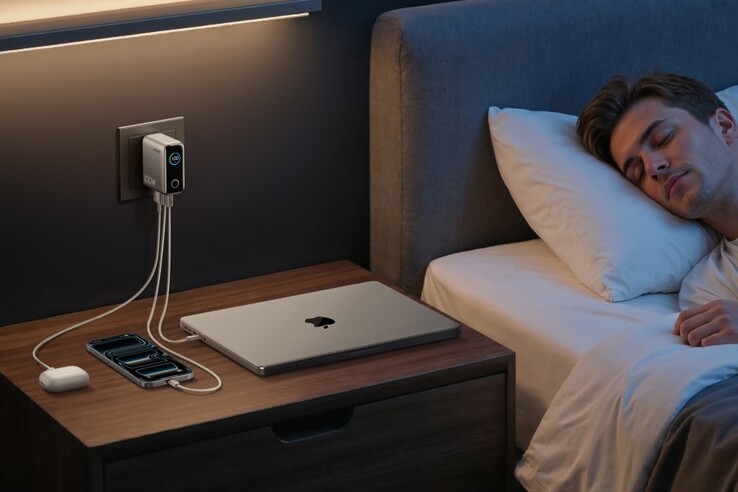 El cargador Anker (100 W, 3 puertos, pantalla inteligente) proporciona energía suficiente para exprimir un MacBook, un iPhone y unos AirPods a la vez. (Fuente de la imagen: Anker)