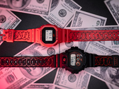 El Casio G-Shock DW-6900SFE25-1 y el DW-5600SFE25-4 rojo sobre un fondo de billetes de 100 dólares. (Fuente de la imagen: Casio Italia)