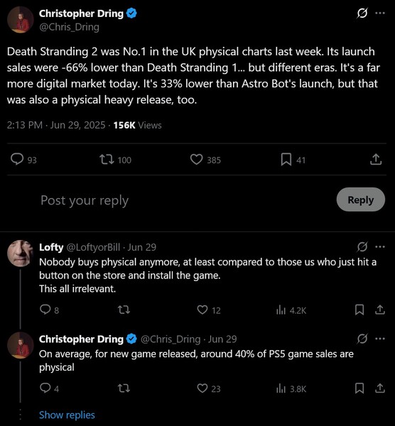 Post de Christopher Dring X sobre las ventas de Death Stranding 2 (Fuente de la imagen: cuenta de Christopher Dring X)
