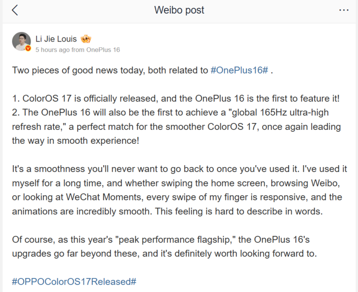Li Jie ha confirmado una frecuencia de actualización global de 165 Hz para el OnePlus 16 y ColorOS 17 de fábrica.