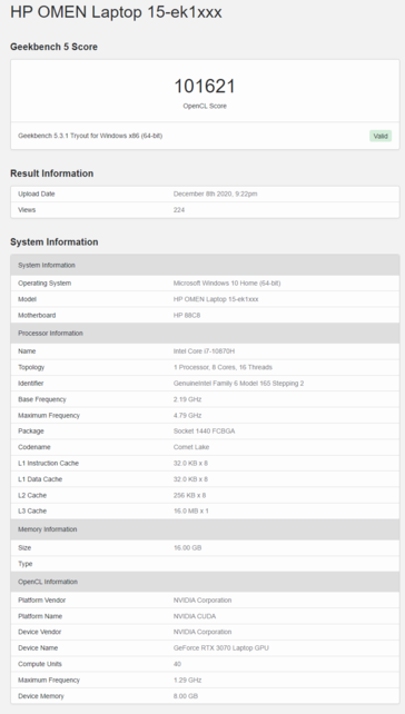 HP Omen 15 con Core i7-10870H y RTX 3070 Mobile en Geekbench. (Fuente: Geekbench)