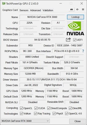 Una captura de pantalla de la GPU-Z de la RTX 3080 de 12 GB. (Fuente de la imagen: eTeknix)