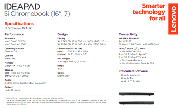 Especificaciones del Lenovo IdeaPad 5i Chromebook (imagen vía Lenovo)