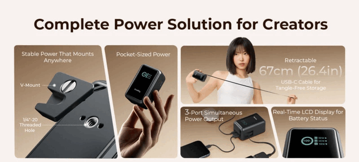 El Nano 72 tiene una capacidad de 20 000 mAh y admite 100 W en ambas direcciones, lo que lo hace ideal para sesiones fotográficas prolongadas y equipos más pesados.