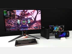 Borderlands 4 ejecutándose en un monitor conectado a un mini PC Minisforum MSA2 emparejado con una AMD Radeon RX 9070 XT en una base Oculink eGPU, junto a un portátil Asus ROG Ally X (Fuente de la imagen: ETA PRIME vía YouTube)