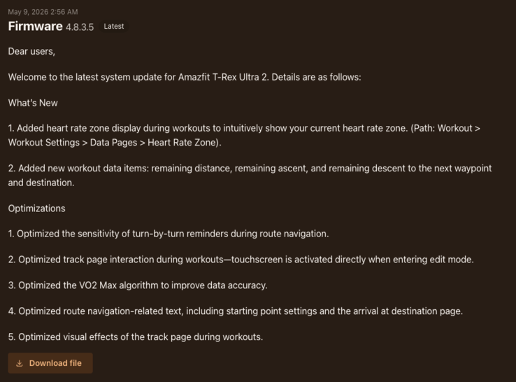 Las notas de la versión 3.8.0.5 del firmware para el reloj inteligente Amazfit T-Rex Ultra 2
