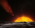 Ilustración de un artista en la que se muestra un exoplaneta dirigiéndose hacia su estrella.