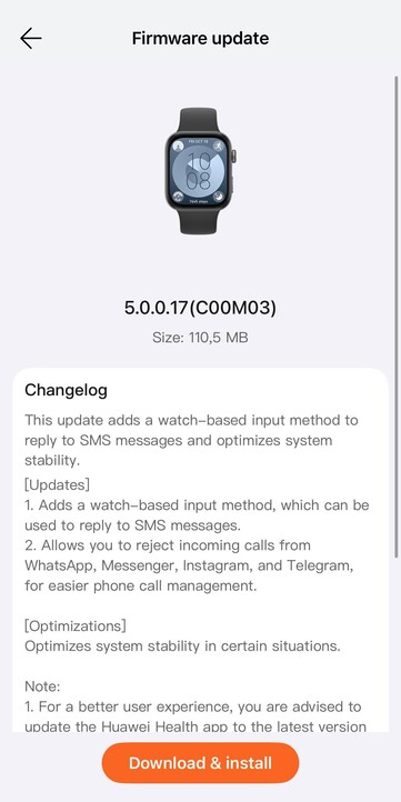 El registro de cambios de la versión 5.0.0.17 del firmware para el Huawei Watch Fit 3. (Fuente de la imagen: u/Eyas-Alhamwi vía Reddit)