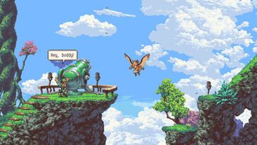 Una imagen que muestra a Geddy y Otus en Owlboy.