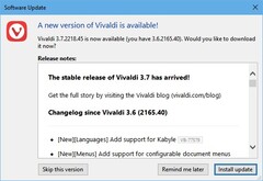 Notificación de actualización del navegador Vivaldi 3.7 a mediados de marzo de 2021 (Fuente: propia)