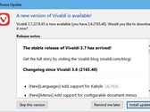 Notificación de actualización del navegador Vivaldi 3.7 a mediados de marzo de 2021 (Fuente: propia)