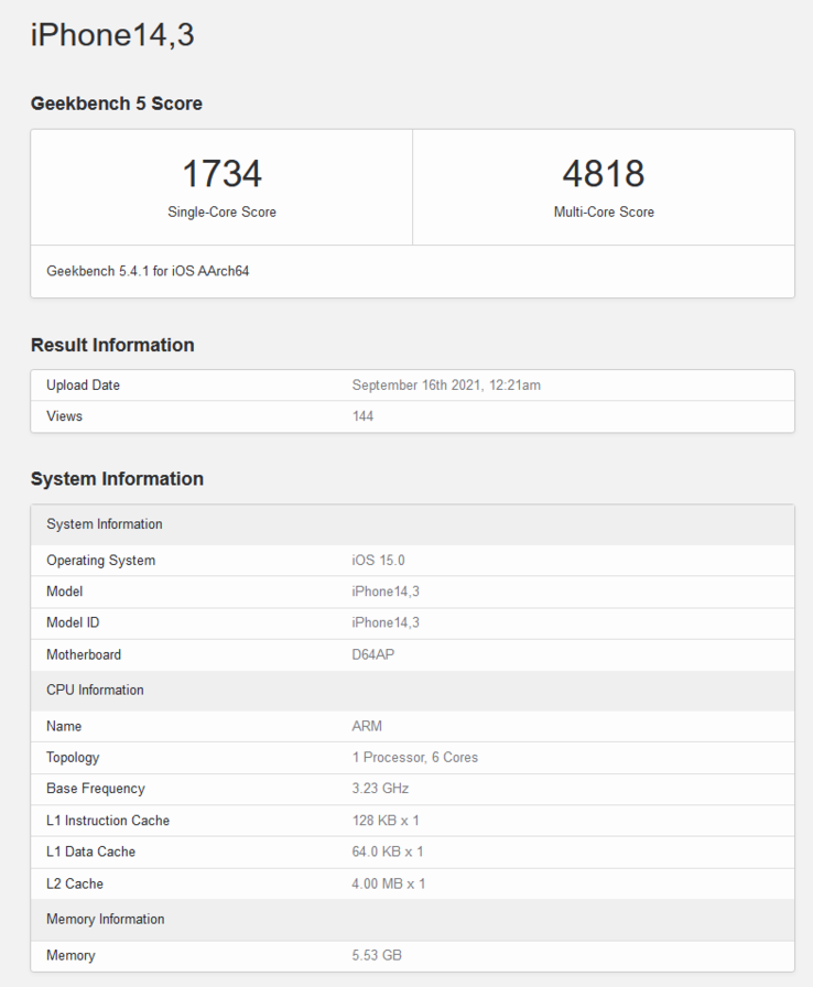 A15 Bionic en Geekbench (imagen vía Geekbench)