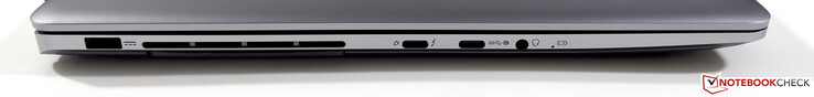 Izquierda: alimentación, USB-C 4.0 con Thunderbolt 4 (40 GB/s, PowerDelivery, modo DisplayPort ALT), USB-C 3.2 Gen.2 (10 GB/s, modo DisplayPort ALT), estéreo de 3,5 mm