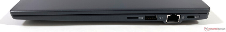 Derecha: lector de microSD, USB-A 3.2 Gen.1 (con alimentación), Gigabit Ethernet, bloqueo Kensington