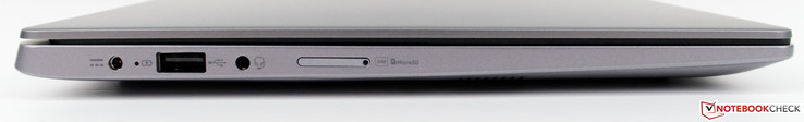 Lado izquierdo: conector de alimentación, USB 2.0 tipo A, toma de auriculares, ranura para micrófono y tarjeta SIM.