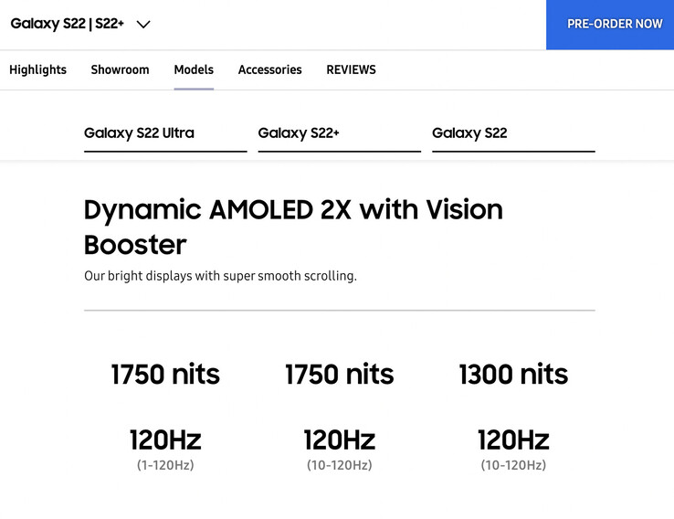 Samsung ha eliminado las referencias a que los modelos Galaxy S22 y Galaxy S22+ admiten frecuencias de refresco de 10-120 Hz. (Fuente de la imagen: Samsung)