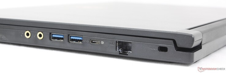 Derecha: auriculares de 3,5 mm, micrófono de 3,5 mm, 2x USB-A 3.2 Gen. 1, USB-C 3.2 Gen. 1 c/ DisplayPort, RJ-45 (1 Gbps), bloqueo Kensington