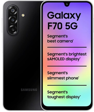 Samsung Galaxy F70 5G en Bold Black, visto de frente y por detrás