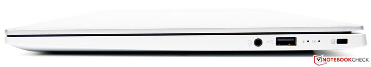 Derecha: conector de auriculares de 3,5 mm, USB-A 2.0, LEDs de estado, cerradura Kensington