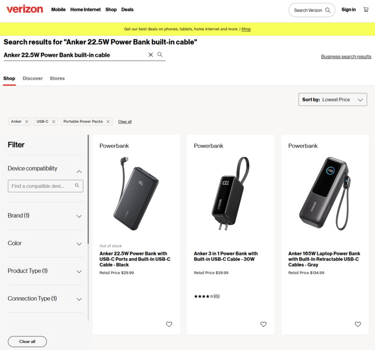 Una captura de pantalla del listado de Verizon del nuevo banco de energía de Anker. (Fuente de la imagen: Verizon)