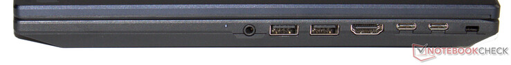 Lado derecho: combo de audio, 2x USB 3.2 Gen 2 (USB-A), HDMI, Thunderbolt 4 (USB-C; Power Delivery, DisplayPort), USB 3.2 Gen 2 (USB-C; Power Delivery), ranura para un candado Kensington