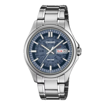 El modelo MTP-E740-2A1V de Casio, en azul marino, cuenta con una esfera translúcida que deja ver los mecanismos del día y la fecha situados debajo.