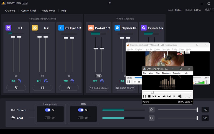 Ejemplo de enrutamiento virtual: dos fuentes de audio virtuales de PC con entrada de micrófono XLR mezcladas en una salida combinada.