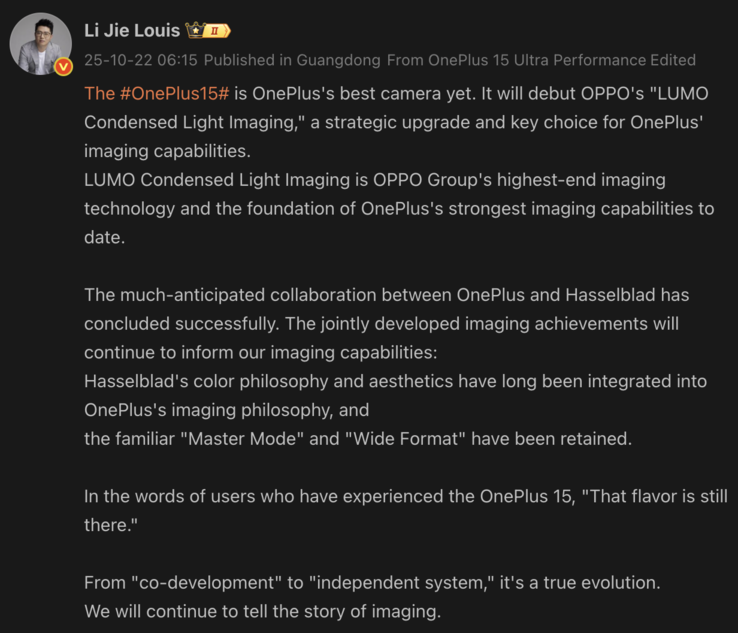 El presidente de OnePlus, Louis Lee, revela los detalles de la cámara del OnePlus 15. (Fuente de la imagen: Weibo - machine translated)
