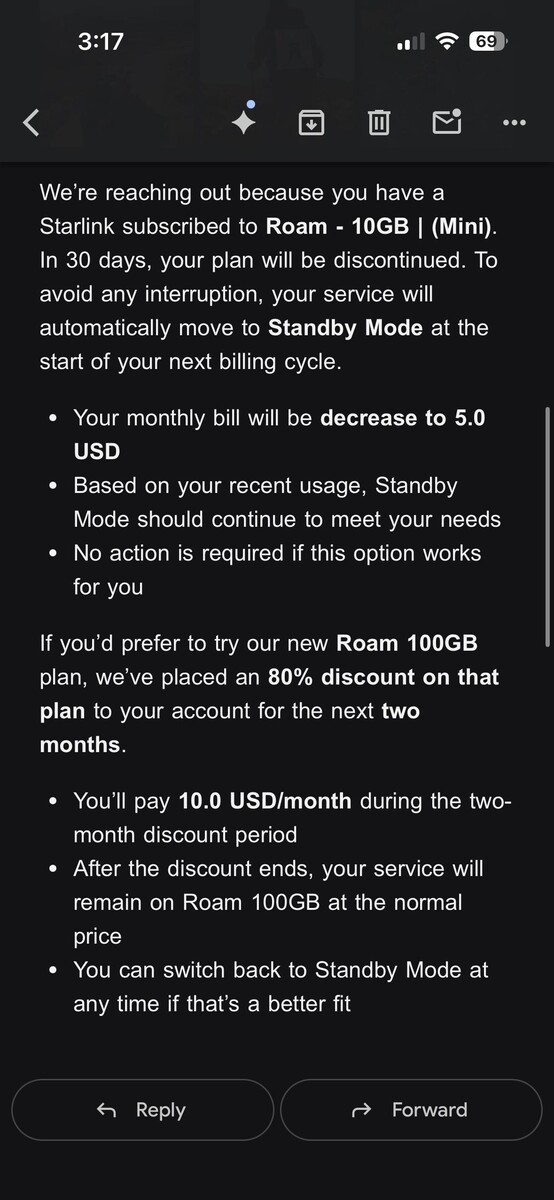 Starlink convertirá el plan Roam de 10 dólares en modo de espera. (Fuente de la imagen: silvertricl0ps/Reddit)