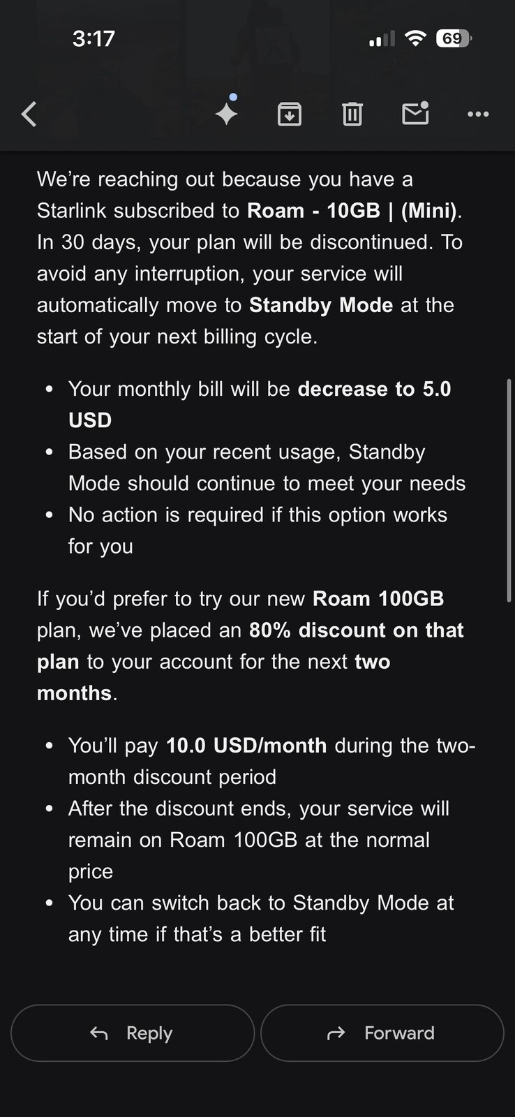 Starlink convertirá el plan Roam de 10 dólares en modo de espera. (Fuente de la imagen: silvertricl0ps/Reddit)