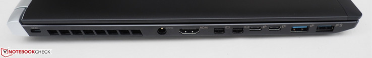 Lado izquierdo: Bloqueo Kensington, entrada de CC, HDMI 2.0, 2x Mini-DisplayPort 1.4, 2x USB-C 3.1 Gen2, 2x USB-A 3.0