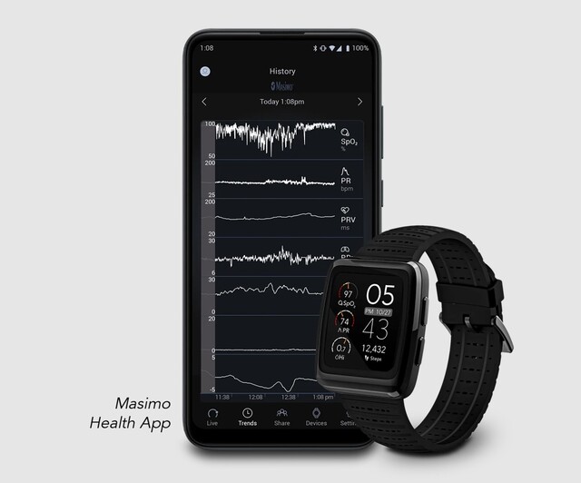 Las constantes vitales del Masimo W1 pueden registrarse en los teléfonos inteligentes y ser visualizadas a distancia en tiempo real por los médicos. (Fuente: Masimo)