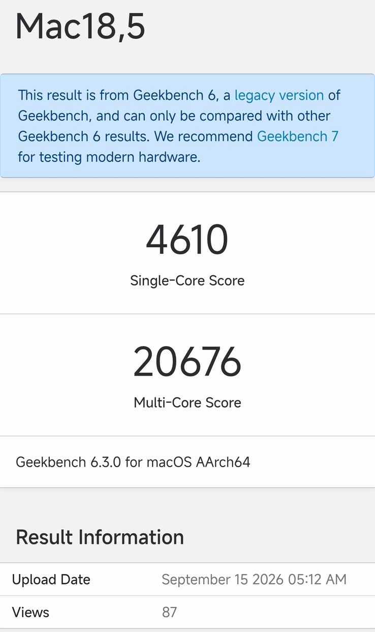 La ficha de Geekbench 6.3 del Mac mini M6