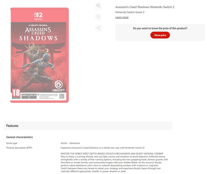 Listado de Assassin's Creed Sombras Switch 2 Auchan (Fuente de la imagen: captura de pantalla, Auchan)