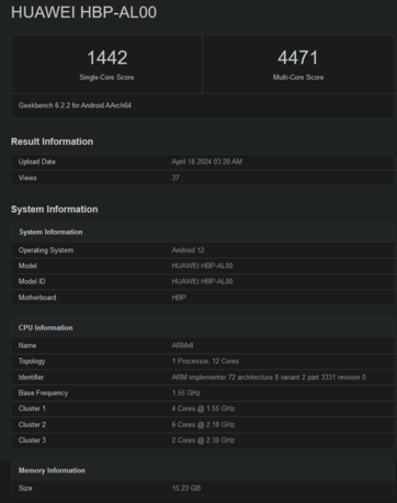 Puntuación en Geekbench del HiSilicon Kirin 9010 (imagen vía Geekbench)