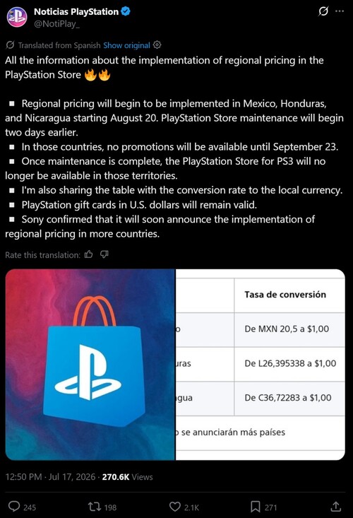Se muestra el anuncio traducido sobre los precios de la PlayStation Store en Latinoamérica